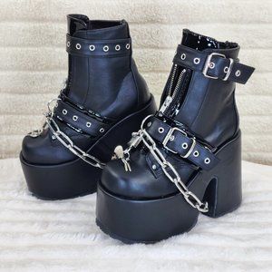 Camel Chain & Padlock Platform Block Heel Goth Ankle Boots Front Zipper & Straps